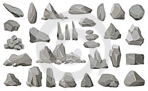 Rock stones and debris of the mountain. Gravel, gray stone, natural wall stones. Collection of stones of various shapes