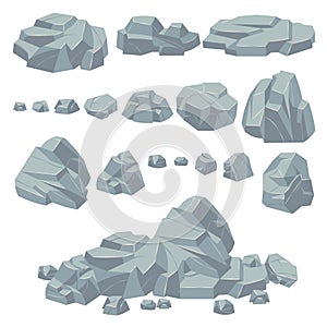 Rock stones. Natural stone rocks, massive boulders. Granite cobble cliff and stone heap for mountain landscape. Cartoon photo