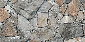 Rock texture, stone wall background. Mosaic pattern of old grey stones on floor. Wide panorama, panoramic banner. Grunge