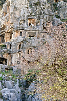 Rock tombs of the necropolis in Demre. The ancient city of Myra, Lycia region, Turkey