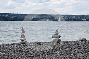 Rock towers built from stones found on the shore of the lake Constance