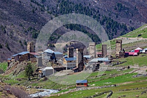 Rock towers and old houses in Ushguli, Georgia