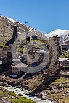 Rock towers and old houses in Ushguli, Georgia