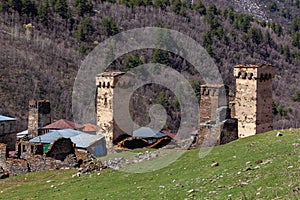 Rock towers and old houses in Ushguli, Georgia