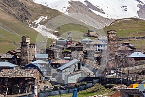 Rock towers and old houses in Ushguli, Georgia