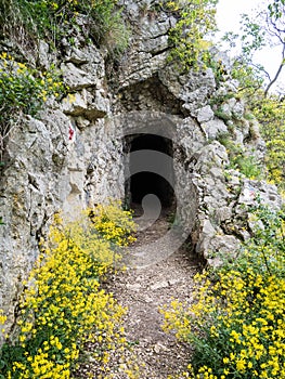 Rock tunnel in National Park Cheile Nerei Romania.