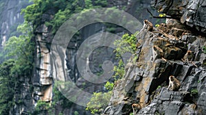 a rock wall adorned in lush green vegetation, home to a community of brown monkeys, their playful antics contrasting photo