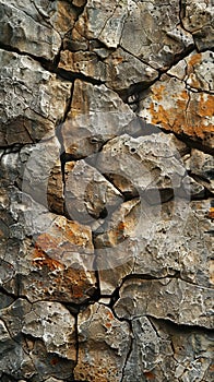 Close-up of a rugged rock wall highlighting cracks, crevices, and rich textures photo