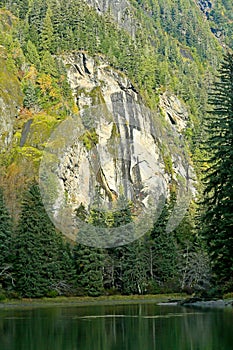 Rock wall. green river and pine trees in the mountains of British Columbia