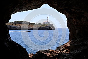 Rock window with lighthouse - Porto Colom Mallorca Balearic Islands Spain