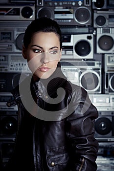 Rock woman with Boom Box background