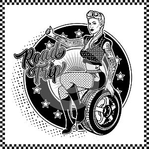 Rockabilly Girl Sitting On A Wheel. Pretty Woman Catches The Car.