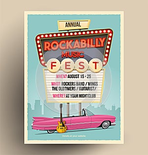 Rockabilly music festival or party or concert promo poster. Flyer template. Vintage vector illustration. photo