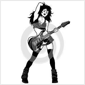 Rockabilly pinup girl sitting on guitar - isolated on white