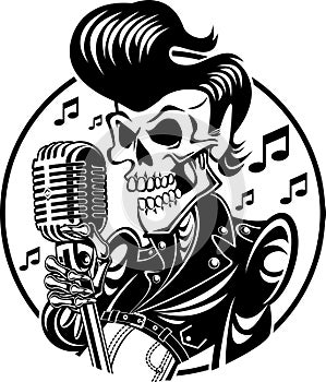 Rockabilly skeleton singing in vintage microphone