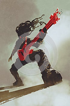 Rocker guitarist playing red guitar