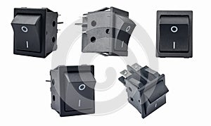 Rocker switch or on/off micro switch on white background. used in surge protectors, display monitors, computer power supplies, and