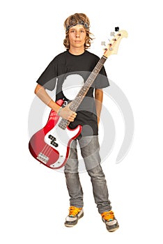 Rocker teen boy with bass guitar