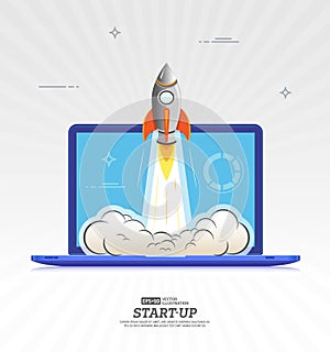 Business project startup concept. Rocket launch from laptop screen