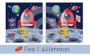 Rocket and alien on moon. Find 7 differences. Game for children. Activity, vector.