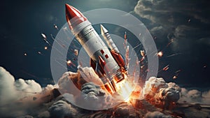 The rocket appears to be breaking through a digital barrier, representing a groundbreaking achievement in the business