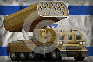 Rocket artillery, missile launcher with sand camouflage on the Israel national flag background. 3d Illustration