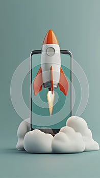 Rocket Ascending from Smartphone Surrounded by Clouds