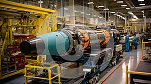 Rocket being built at modern aerospace factory, tech product is in assembly shop of plant. Concept of space, industry, technology