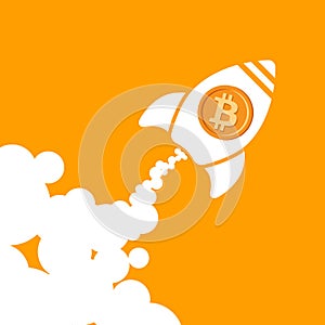 Rocket bitcoin icon going up. crypto currency start up concept