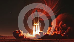 Rocket Blasting Off from Mars like Planet in Swirling Red Dust for Next Phase of Space photo