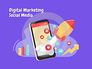 Rocket boosting social media marketing concept