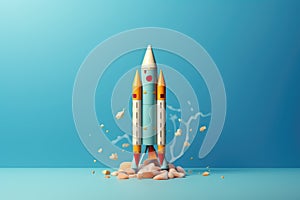 Rocket on cloud made of blue and white crayons, back to school. Generative ai