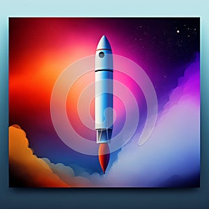 Rocket coming out of mobile phone screen, blue background. AI digital photo