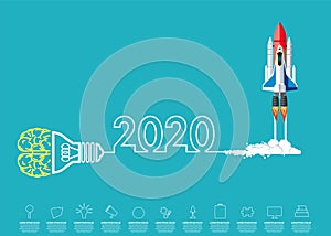 Rocket with creative lamp and brain idea  new year business - modern Idea and concept illustration flat vector.
