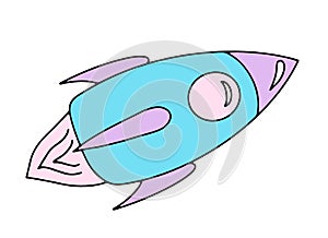 Rocket doodle style shuttle. A space flight. Cosmonautics Day. Isolated element object on a white background. Hand-drawn.