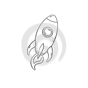 Rocket in doodle style, vector illustration. Icon space for print and design. Sketch spaceship hand drawn, isolated