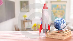 Rocket and Earth Globe on Books in Bright Classroom Setting 3d render
