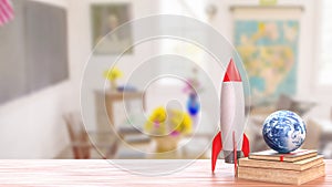 Rocket and Earth Globe on Books in Bright Classroom Setting 3d render