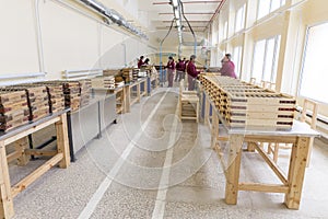 Rocket explosives in boxes in an ammo factory