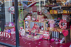 A Rocket Fizz Soda Pop and Candy Shop with candy and gifts in the window in the Marietta Square in Marietta Georgia