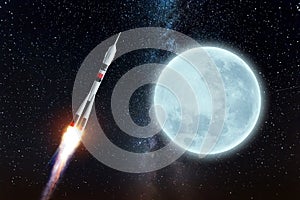 The rocket flies in space against the backdrop of the moon. The concept of space exploration, satellite launch, flight to the moon
