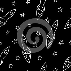 rocket flies among the stars seamless pattern. hand drawn doodle style. , minimalism, monochrome, sketch. wallpaper