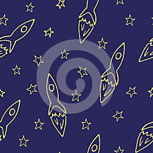 rocket flies among the stars seamless pattern. hand drawn doodle style. , minimalism, monochrome, sketch. wallpaper