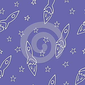 rocket flies among the stars seamless pattern. hand drawn doodle. vector, minimalism, sketch. wallpaper, textiles, room