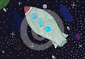 The rocket flies among the stars in space. Children`s drawing