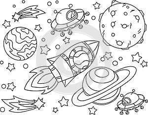 The rocket flies to the moon coloring book. Antistress planet, earth and moon Vetor illustration in zentangle style.