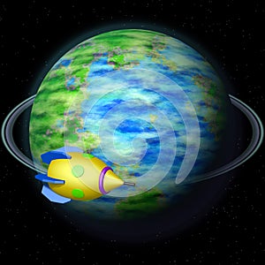 Rocket flying aroung Earth globe