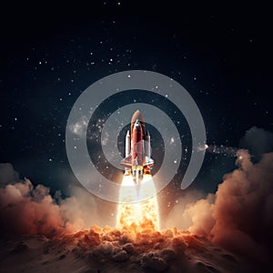 Rocket flying through space out of the earth