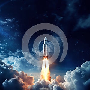 Rocket flying through space out of the earth