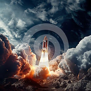 Rocket flying through space out of the earth